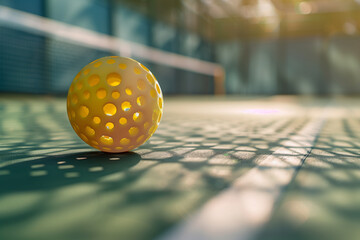 Pickleball ball on a court during an outdoor match