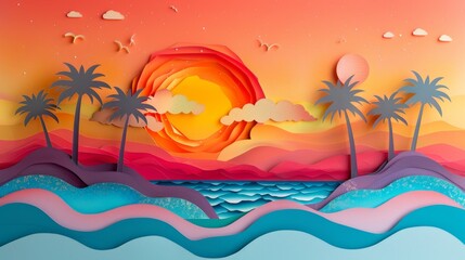 Fototapeta na wymiar Colorful beach party scene with paper cut palm trees and a sunset backdrop