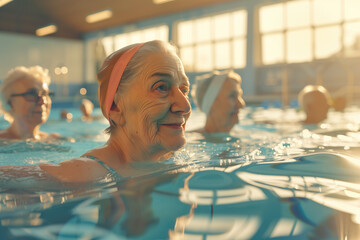Healthy senior citizens stay physically fit in the water aerobics class