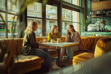 Young women sit in a coffee shop and enjoy time together