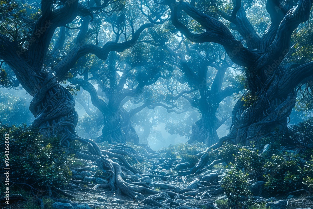 Poster enchanted misty forest path with twisted trees and ethereal blue light