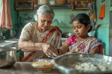 Indian South Asian grandmother teaches her grandchild a family recipe in the kitchen