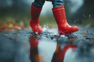 Child wearing red rain boots splashes in a puddle on a rainy day