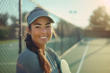 Happy woman holding a pickleball paddle smiles on an outdoor court in the summer