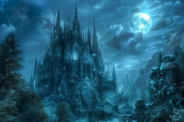 Enchanting Moonlit Fantasy Castle in a Mystical Frozen Landscape with Glowing Celestial Bodies - obrazy, fototapety, plakaty