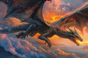 Majestic Dragon Soaring Through a Vibrant Sunset Sky in a Fantasy World Illustration