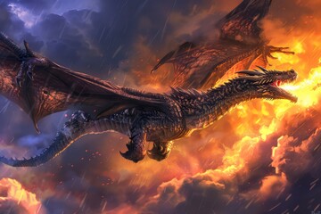 Majestic Dragon Swooping in Vibrant Sunset Sky, Fantasy Creature in Flight with Flames