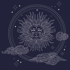 Sun in the sky with stars linear hand drawing illustration