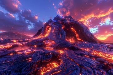 Surreal Volcanic Landscape with Molten Lava Flows and Dramatic Sunset Sky Fantasy or Alien World Concept Art