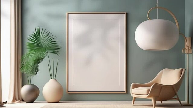 3D rendering. Mockup poster frame with minimalist modern interior background.
