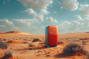 Retro refrigerator stands alone in various desert landscapes, an unexpected contrast of appliance and environment