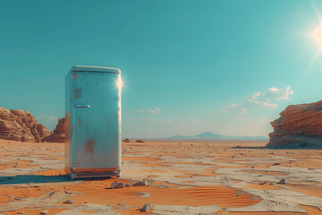 Retro refrigerator stands alone in various desert landscapes, an unexpected contrast of appliance and environment