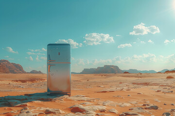 Retro refrigerator stands alone in various desert landscapes, an unexpected contrast of appliance and environment