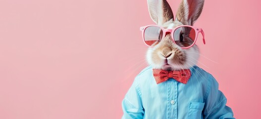 Happy smiling rabbit in pink sunglasses and blue shirt with bow tie on pastel background, banner for Easter holiday concept - obrazy, fototapety, plakaty
