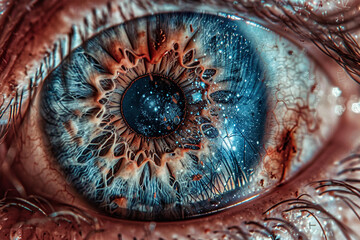 eye iris with digital reflections and futuristic elements, technology in vision, futuristic artwork