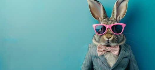 Rabbit wearing pink sunglasses and bow tie isolated on blue background, Easter bunny in stylish suit - obrazy, fototapety, plakaty