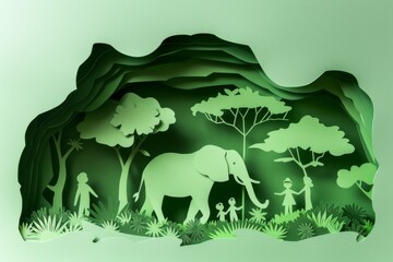 Simplistic paper cut of a wildlife safari in a national park