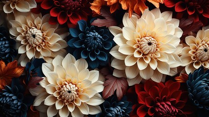 a close up of a bunch of different colored flowers on a dark background