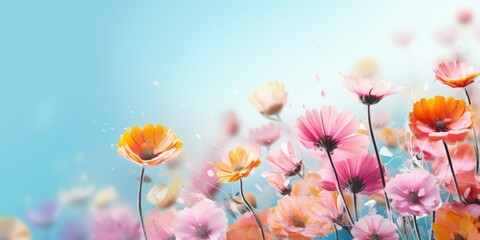 Vibrant flowers bloom under the blue sky, creating a happy natural landscape - obrazy, fototapety, plakaty