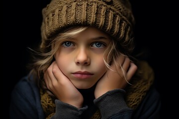 portrait of a little girl in a knitted hat and scarf on a black background
