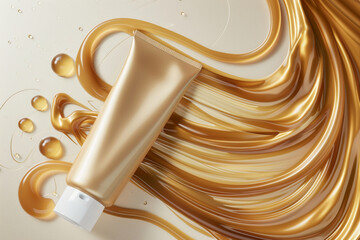 cosmetic cream tube mockup, flowing golden hair waves with oil droplets, luxurious and elegant appearance, hair cosmetics