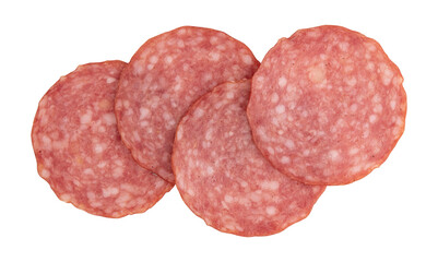 pieces of sliced salami sausage laid out to create layout, salami sausage slices isolated