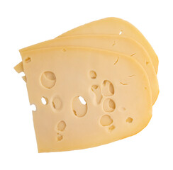 maasdam cheese slices with holes closeup, swiss cheese isolated 