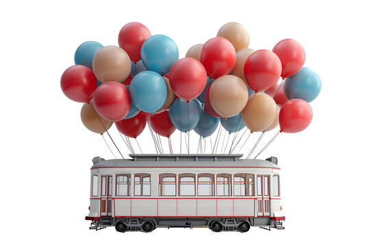 An enchanting 3D animated cartoon render of colorful balloons on a double-decker trolley.