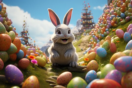 Easter day concept. Bunny with colorful eggs on grass