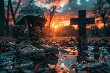 Pair of muddy military boots and a combat helmet leaning against a memorial cross in a puddle at sunset - obrazy, fototapety, plakaty