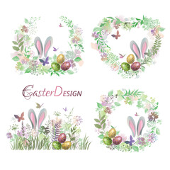 Set of floral backgrounds with bunny ears , wildflowers, eggs and butterflies. Easter backgrounds.