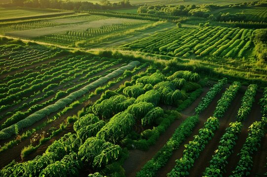 Biodiversity in Agriculture: A Vibrant Earth Day Image of a Polyculture Farm with Multiple Crop Varieties Thriving Together