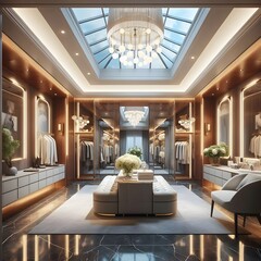 Modern dressing room home interior, luxurious design and neat layout. Generative AI - obrazy, fototapety, plakaty