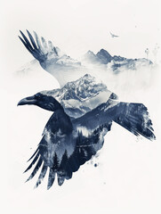 Double exposure artwork featuring a raven in flight blending with the snow-capped mountain range