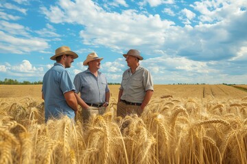 Naklejka na ściany i meble Three farmers discussing in a wheat field under the open sky, collaboration and expertise in agriculture, Concept of rural life and crop cultivation