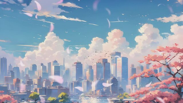 View of the city where cherry blossoms bloom. digital painting illustration with cartoon or anime style. seamless looping 4K video animation background.