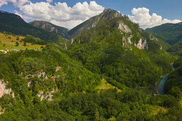 Picturesque canyon of the Tara river. Djurdjevica bridge over the river Tara in Montenegro, Europe.