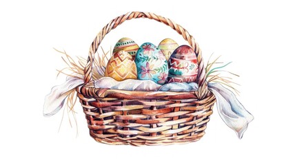 Fototapeta na wymiar Watercolor vintage colorful handmade Easter eggs in wicker basket with bow isolated on white background. For the design of postcards, posters, banners