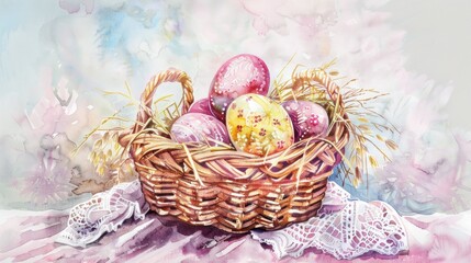 Fototapeta na wymiar Happy Easter watercolor card with decorated eggs in basket and spring blooming flowers. Springtime holiday floral poster, graphic art print template with copy space for text.