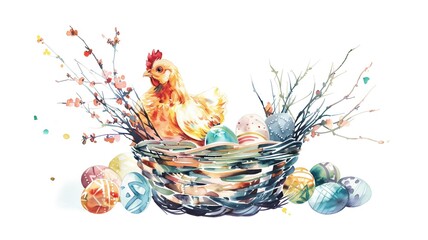 Obraz na płótnie Canvas Watercolor vintage colorful handmade Easter eggs in wicker basket with chicken isolated on white background. For the design of postcards, posters, banners