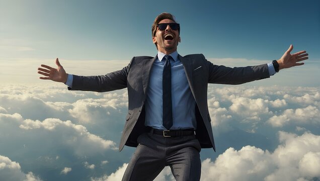 professional businessperson, A happy successful businessman jumping over the clouds, expressing joy, wearing an elegant suit and sunglasses.