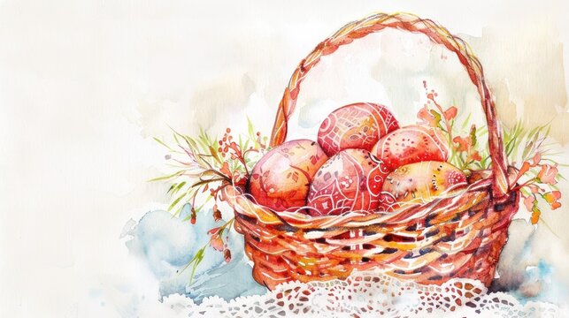 Happy Easter watercolor card  with decorated eggs in basket and spring blooming flowers. Springtime holiday floral poster, graphic art print template with copy space for text.