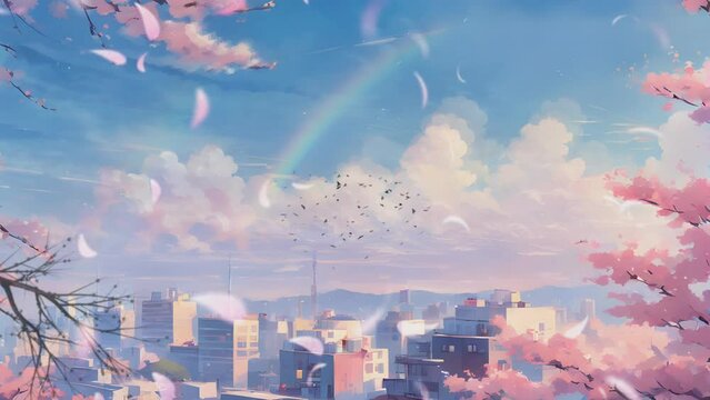 View of the city where cherry blossoms bloom in spring with beautiful sky and rainbow. digital painting illustration with cartoon or anime style. seamless looping 4K video animation background.