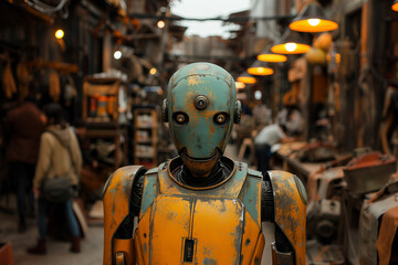 Weathered robot stands amidst a bustling market street, suggesting a narrative of robots integrated into human daily life