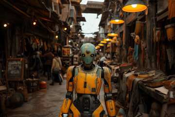 Weathered robot stands amidst a bustling market street, suggesting a narrative of robots integrated into human daily life
