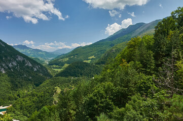 Montenegro mountains.  Valley of Tara river. Mountains and forests on the slopes of the mountains.