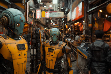 Weathered robot stands amidst a bustling market street, suggesting a narrative of robots integrated into human daily life