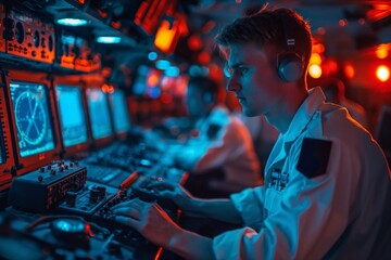 Intense young male operator monitoring radar screens in submarine's red-lit control room, Concept of naval surveillance and defense operations
