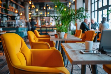 Stylish modern café interior with vibrant yellow armchairs, concept of urban design, leisure, and social meeting place