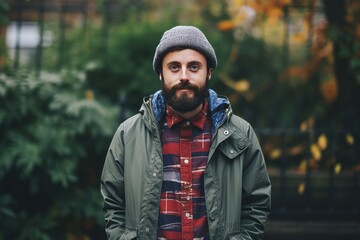 Portrait of a bearded hipster in a hat and coat in the autumn park